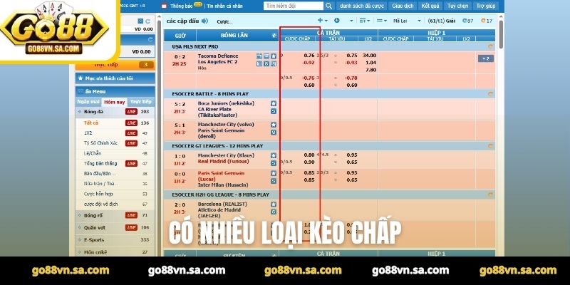 Có nhiều loại kèo chấp